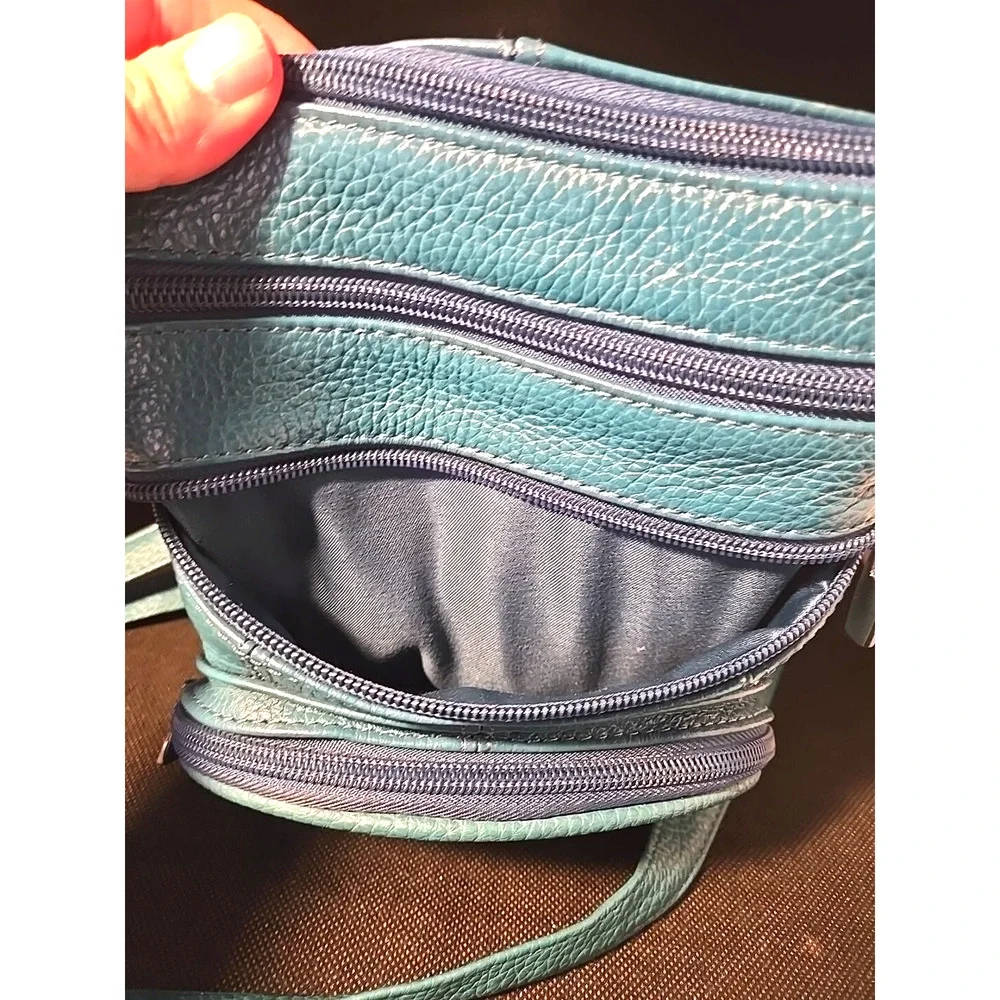 Genuine Cross Body Purse Bag, Multi-Pocket Teal Aqua Blue